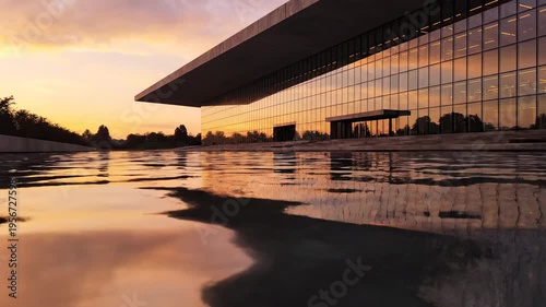 Modern architectural building with reflective water surface at sunset