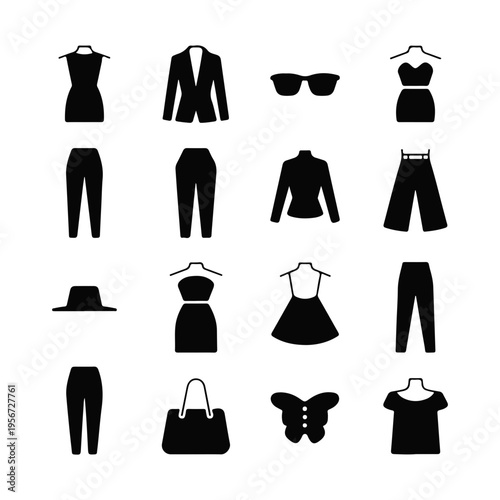  WOMEN DRESS ICON SET IN FASION STYLE BLACK AND WHITE
