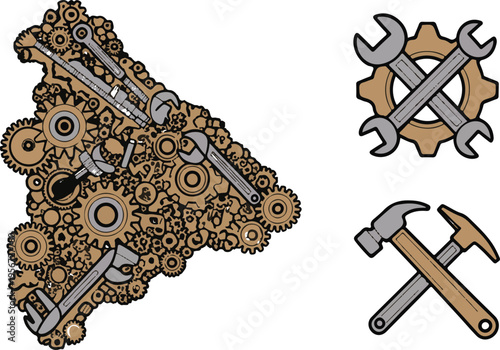 Christmas island map created with industrial gears and repair tool kit