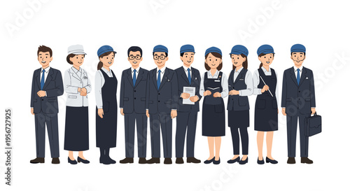 Diverse group of business and service professionals stand in line white background