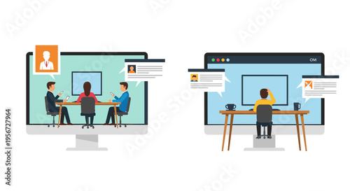 Illustration depicting digital communication and remote collaboration on multiple devices