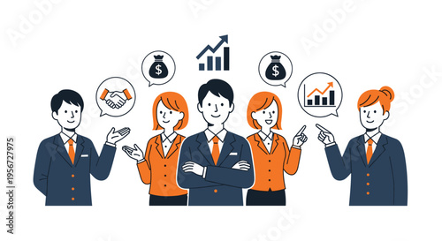 Diverse Business Team Collaboration and Strategy Discussion with Growth Icons