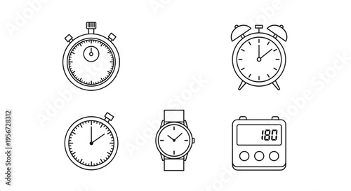 Collection of various time measurement devices in clean line art illustration style