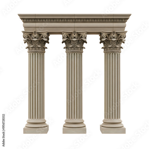 A detailed view of three ancient architectural columns with ornate capitals
