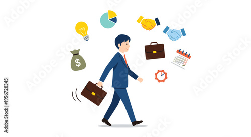 Businessman juggles multiple tasks with business icons in a dynamic display of work