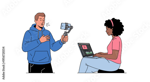 People create and edit video content illustrating modern digital media production