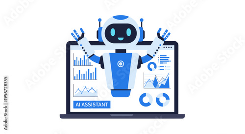 Modern Robot Data Analysis Assistant Displaying Digital Business Statistics Charts