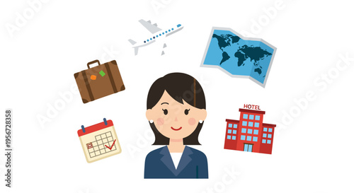 Illustration of woman planning trip with map hotel airplane luggage and calendar