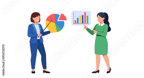 Businesswomen analyze charts present data and strategize for future growth