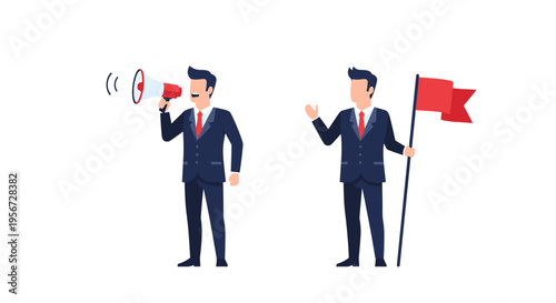 Businessman with flag and megaphone illustration representing goal achievement and communication