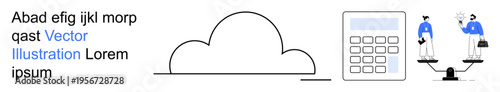 Business analysis, decision-making, technology integration, finance, teamwork, cloud storage. A calculator, cloud and individuals on a scale. Business analysis and decision-making