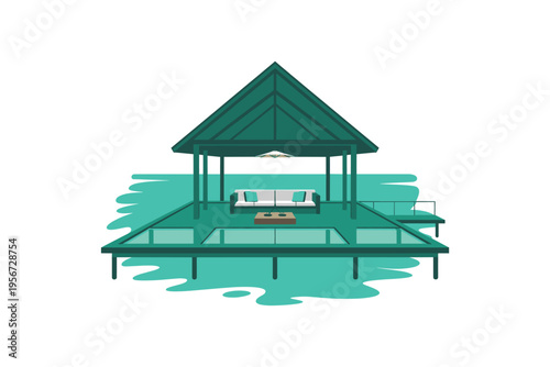 A vector graphic illustration of a green gazebo with a picnic table on a teal platform