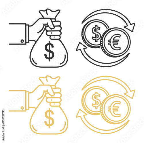 Financial icons illustrating money exchange and transfer