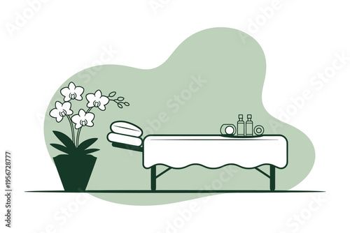 A serene spa treatment room with a massage table and a potted orchid plant