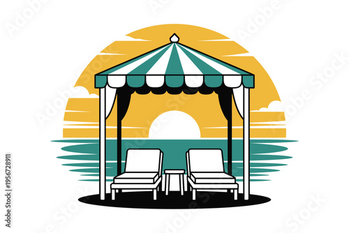 A vector graphic illustration of a beach gazebo with lounge chairs at sunset