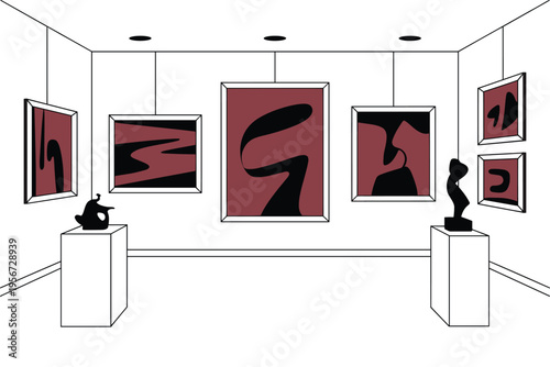 A minimalist vector graphic illustration of an art gallery with abstract paintings and sculptures on display