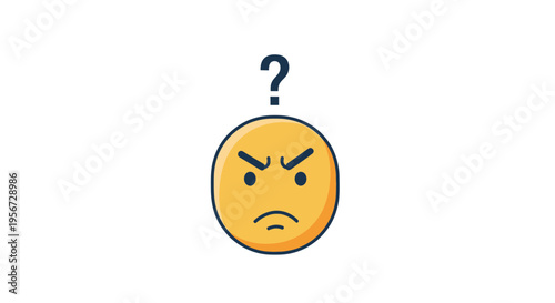 Angry emoji face with question mark, frustration and confusion concept, isolated on white background