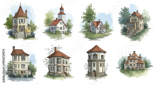 Collection of Vintage European Houses: Watercolor Illustrations of Architectural Styles