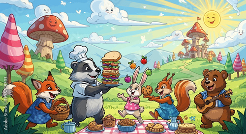 Whimsical Woodland Picnic with Animals Serving Giant Burger and Treats