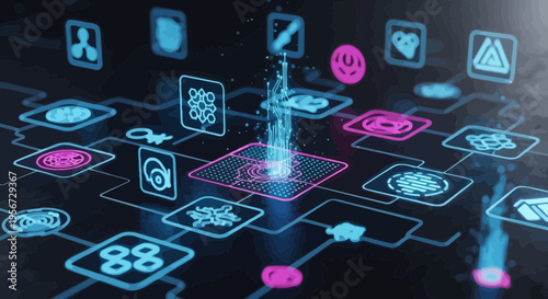 Futuristic Digital Interface with Glowing Icons and Data Flow on Dark Background