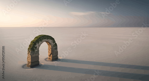 Ancient stone arch overgrown with moss on a surreal, textured sandy landscape at sunrise.