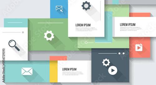 Digital Interface Design Elements with Icons, Gears, Search, Email, Video Play Button