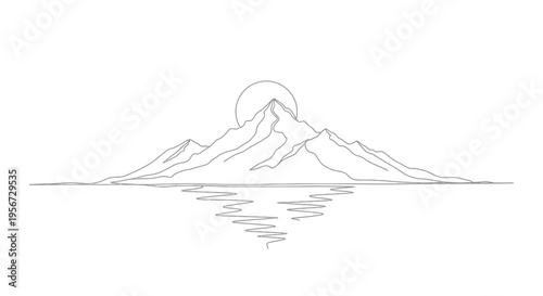 Minimalist mountain range silhouette with sun reflection on water, line art