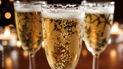Wallpaper Mural Three champagne flutes with bubbles, golden decor, and soft background lights Torontodigital.ca