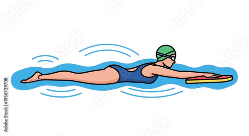 A vibrant, cartoon-style depiction of a swimmer practicing the freestyle stroke using a kickboard in bright blue water, emphasizing exercise and water sports.