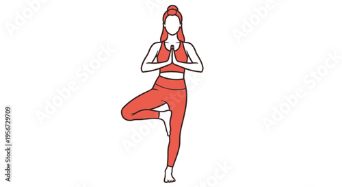 Minimalistic vector representation of a woman, rendered in a simple yet striking red outline style, striking a tree pose during a yoga session, emphasizing balance, serenity, and the practic