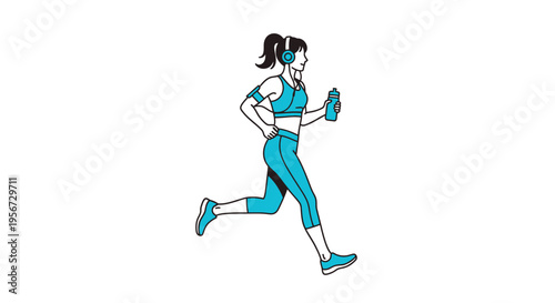 Energetic woman jogging outdoors wearing fitness attire, headphones, and carrying water bottle, in a minimalist two-tone flat vector style, illustrating a healthy lifestyle and active routin