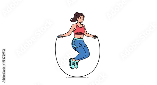 Energetic woman in sports attire jumping rope, performing cardiovascular exercise while building stamina and maintaining fitness in a dynamic outline-style depiction on a plain white backgro