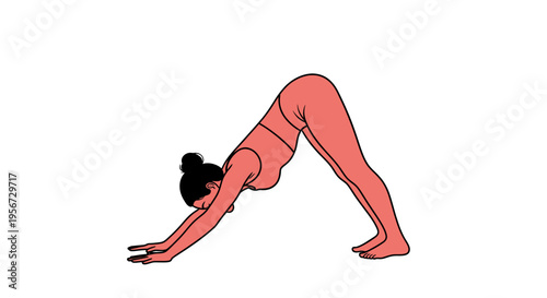 A stylized, minimalist illustration depicting a woman in the downward-facing dog yoga pose, executed with a flat, two-dimensional aesthetic and a clean, solid color palette, perfect for heal