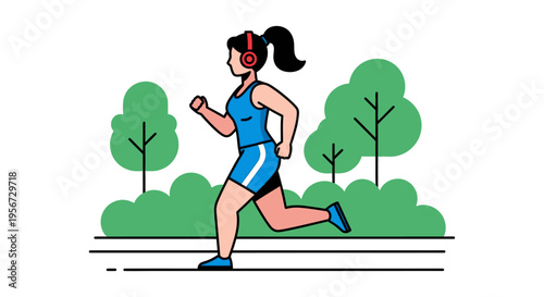 A vibrant vector graphic depicts a young woman in athletic attire with headphones, running determinedly on a path through a park, emphasizing fitness, health, and a dynamic illustration styl