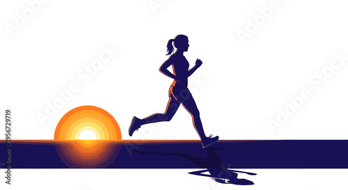 Dynamic silhouette of a female runner at sunset, created in a minimalist style, against a white background, suggesting energy, fitness, and outdoor activity for health and well-being