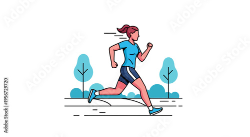 Energetic woman jogging outdoors on a sunny day, depicted in a modern, minimalistic line art style with vibrant colors, showcasing health and fitness in a park setting.