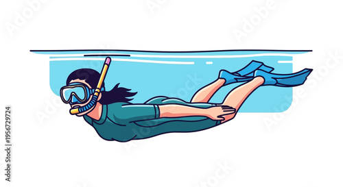 Cartoon depiction of a woman snorkeling underwater, swimming with fins and a mask, in a vibrant, simplified, comic-book style against a light blue, inviting watery context within a minimalis
