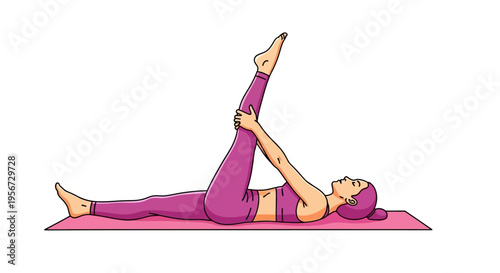 A serene female figure in athletic wear, executing a challenging supine yoga posture, gracefully holding one straightened leg, exuding tranquility on a pink mat for health and wellness