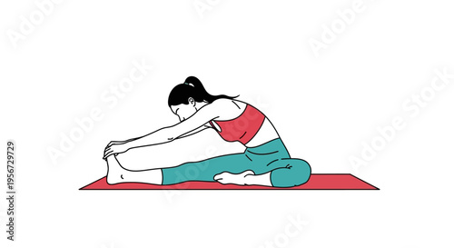 A serene female figure engaged in seated forward bend yoga pose, actively stretching to touch toes, in a minimalist flat vector graphic style with emphasis on flexibility and wellness on a f