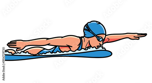 Dynamic stylized illustration of a female swimmer in a breaststroke position, gliding smoothly through water, showcasing aquatic activity and health, isolated on white backdrop