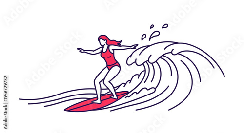 A dynamic minimalist outline depicts a female surfer in a red swimsuit riding a breaking ocean wave, capturing the vitality and thrill of watersports, set against a pristine white backdrop.