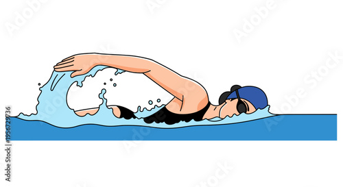Cartoon depiction of a swimmer in the freestyle stroke, navigating the water with power and technique, emphasizing motion and energetic movement in a flat graphic style highlighting aquatic 