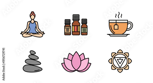 Minimalist vector set of wellness icons depicting meditation, aromatherapy with essential oils, a cup of herbal tea, balanced zen stones, a lotus flower, and a chakra symbol for holistic hea