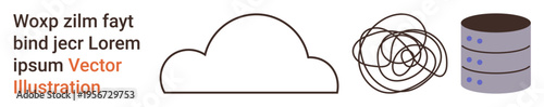 Cloud technology, data storage, network infrastructure, server management, digital communication, database solutions. Cloud, tangled line database icons. Cloud technology and data storage concept
