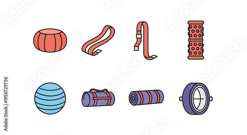 Minimalist vector set of various active lifestyle and exercise equipment, including a balance ball, yoga mat, straps, rollers, and a gym bag, on a clean white background.