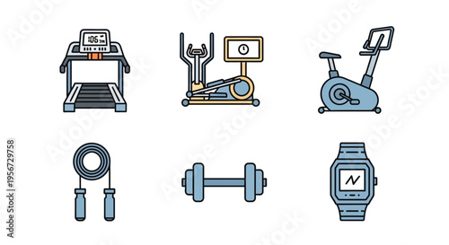 Minimalist vector illustration set featuring various home fitness and workout equipment, including treadmills, ellipticals, exercise bikes, jump ropes, dumbbells, and smartwatches, in a clea
