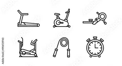 Minimalist monochrome line art series featuring various gym equipment including a treadmill, stationary bike, rowing machine, elliptical, jump rope, and a stopwatch, conveying fitness and ex