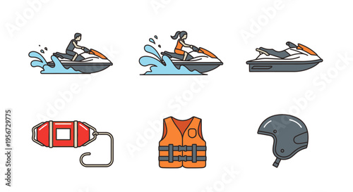 Set of vector illustrations featuring various elements related to jet skiing and water sports activities, including people riding jet skis, safety equipment, and recreational outdoor summer 