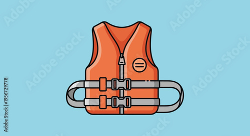 Orange Personal Flotation Device With Buckles Ready For Water Safety And Outdoor Activities On A Bright Blue Sky Background