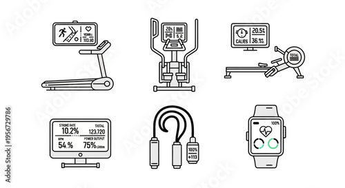 Collection of modern exercise equipment including treadmill elliptical rower jump rope and smart watch displaying fitness data for health and